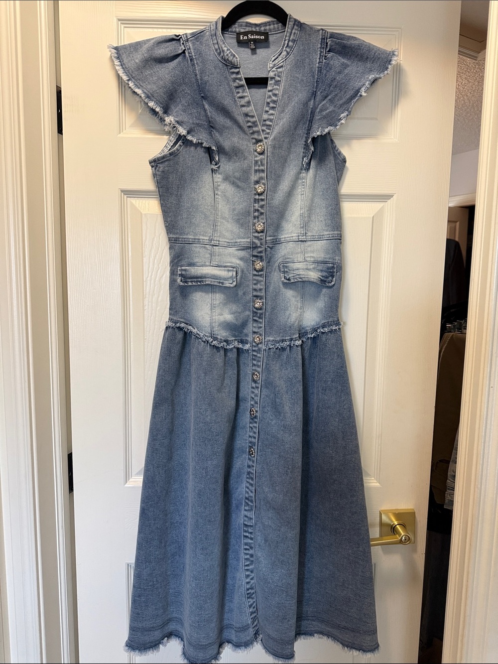 En Saison Washed Blue Denim Button-Down Dress with Frayed Trim